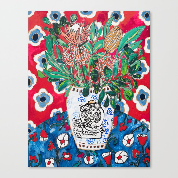 Rex Manning Day Red Floral Still Life with Lion Vase Canvas Print