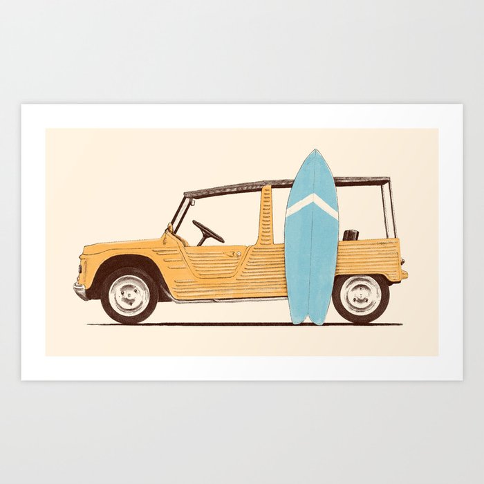 Vintage yellow Car with blue Surfboard Art Print