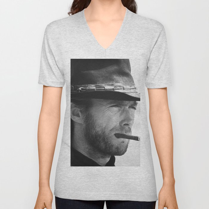 Clint Eastwood Smoking a Cigar Retro Vintage Art V Neck T Shirt