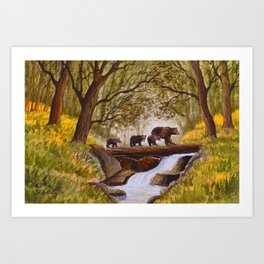 Brown Bears Crossing A Creek At Waterfall Art Print