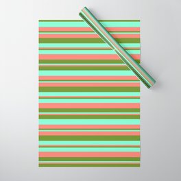 [ Thumbnail: Salmon, Green & Aquamarine Colored Stripes/Lines Pattern Wrapping Paper ]