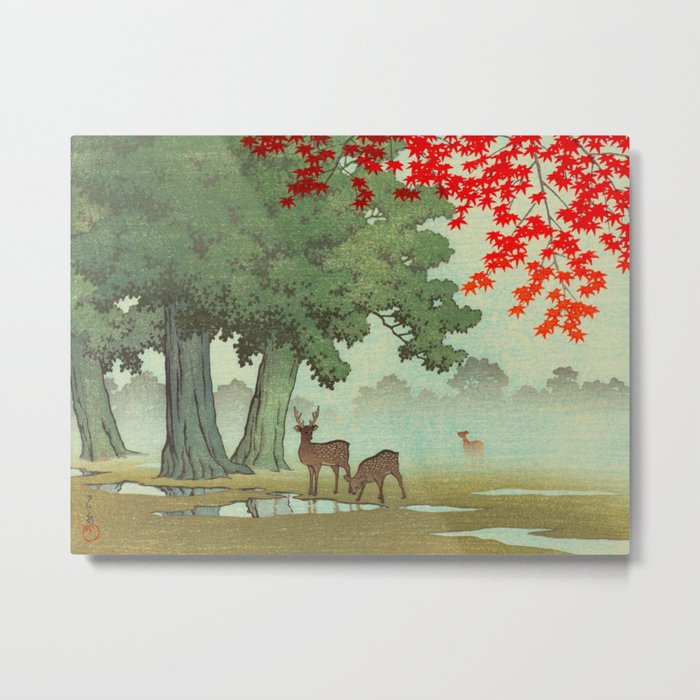 Vintage Japanese Woodblock Print Nara Park Deers Green Trees Red Japanese Maple Tree Metal Print
