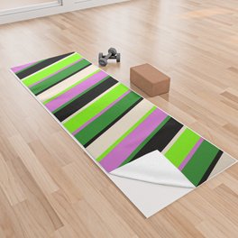 [ Thumbnail: Colorful Green, Beige, Black, Forest Green, and Orchid Colored Stripes/Lines Pattern Yoga Towel ]