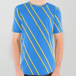 [ Thumbnail: Blue, Bisque & Green Colored Lines/Stripes Pattern All Over Graphic Tee ]