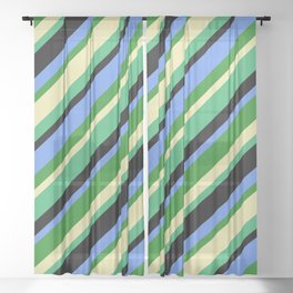 [ Thumbnail: Cornflower Blue, Forest Green, Pale Goldenrod, Sea Green & Black Colored Lines Pattern Sheer Curtain ]