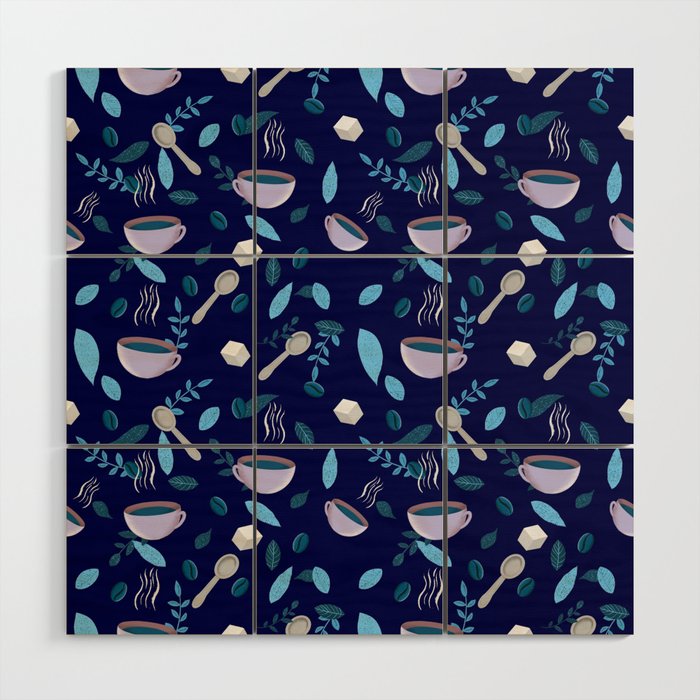 Coffee Pattern-Blue Wood Wall Art