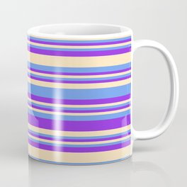 [ Thumbnail: Purple, Beige, and Cornflower Blue Colored Striped/Lined Pattern Coffee Mug ]
