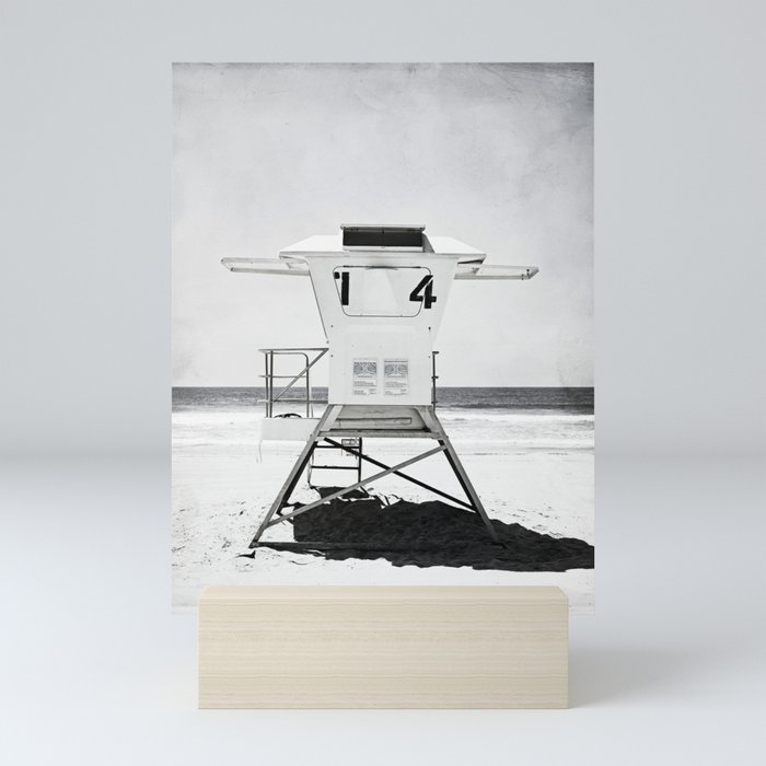 Black and White Beach Photography, Grey Lifeguard Stand, Gray Coastal Nautical Art Mini Art Print