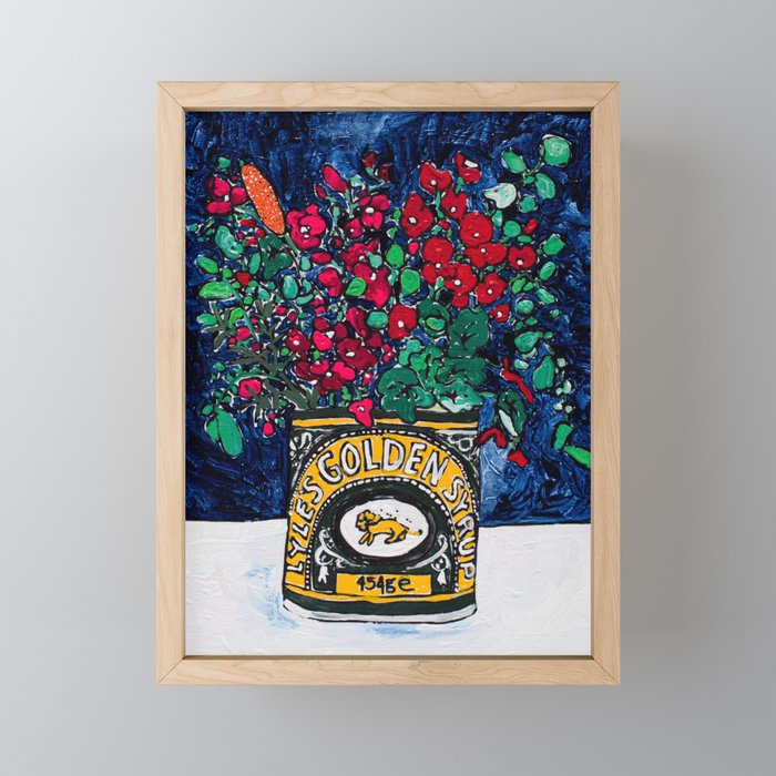 Wild Flowers in Golden Syrup Tin on Blue Framed Mini Art Print