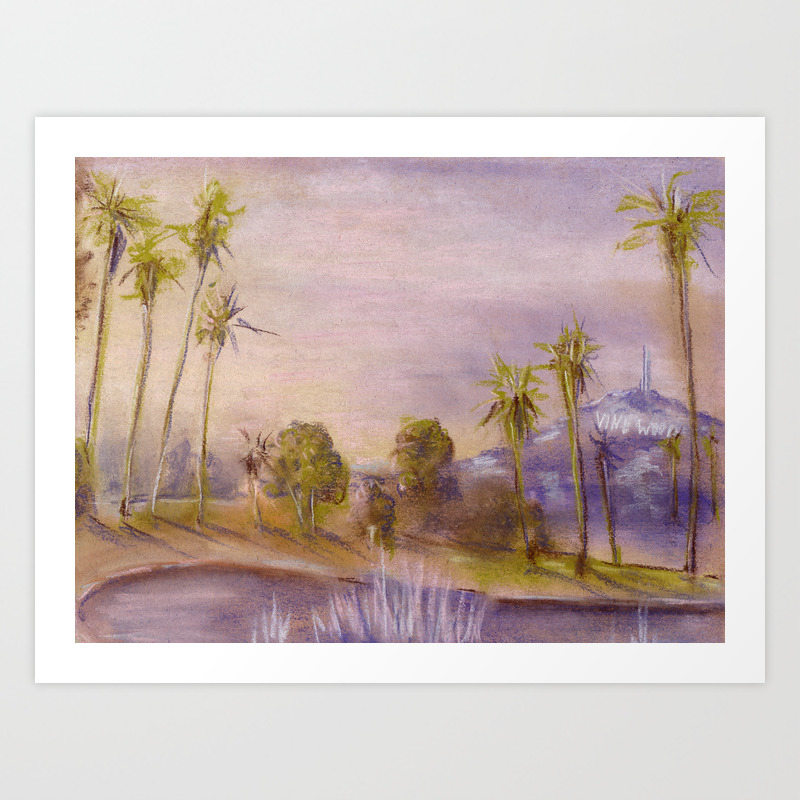 Los Angeles Cityscape With Palm Trees By Pastel Art Print By