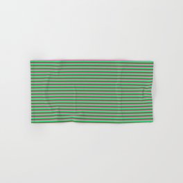 [ Thumbnail: Hot Pink, Green, and Dark Olive Green Colored Striped Pattern Hand & Bath Towel ]