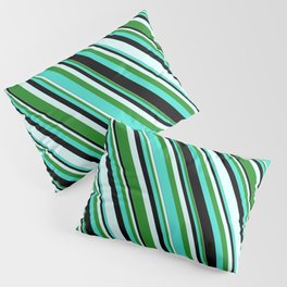 [ Thumbnail: Turquoise, Black, Light Cyan, and Forest Green Colored Stripes Pattern Pillow Sham ]