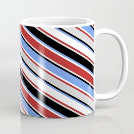 [ Thumbnail: Eyecatching Cornflower Blue, White, Red, Light Gray & Black Colored Lined/Striped Pattern Coffee Mug ]