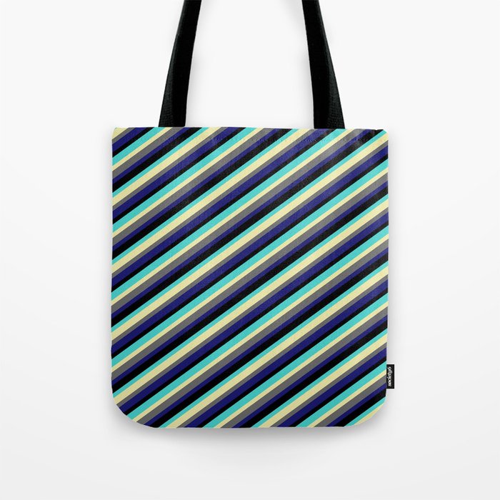 Eyecatching Turquoise, Pale Goldenrod, Dim Gray, Midnight Blue, and Black Colored Striped Pattern Tote Bag