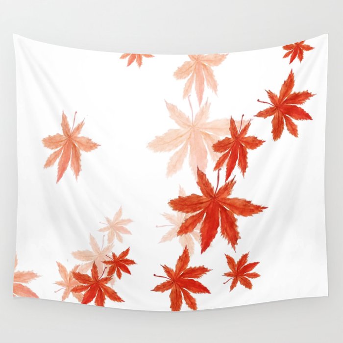 Falling Red Maple Leaves Watercolor Painting Wall Tapestry By