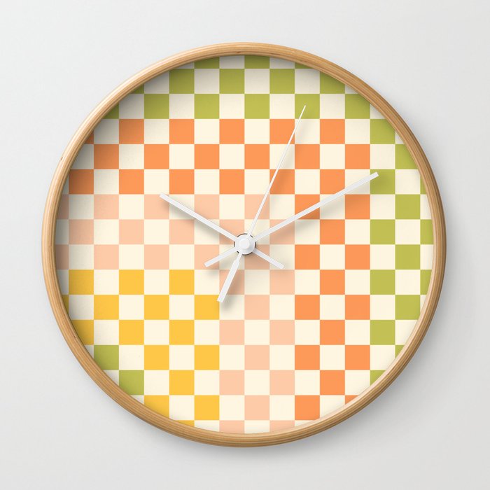 Corner Check Pattern in Light Muted Green Blush Yellow Cream Wall Clock