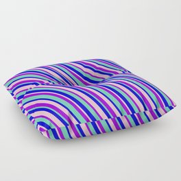 [ Thumbnail: Dark Violet, Aquamarine, Blue & Pink Colored Lines Pattern Floor Pillow ]