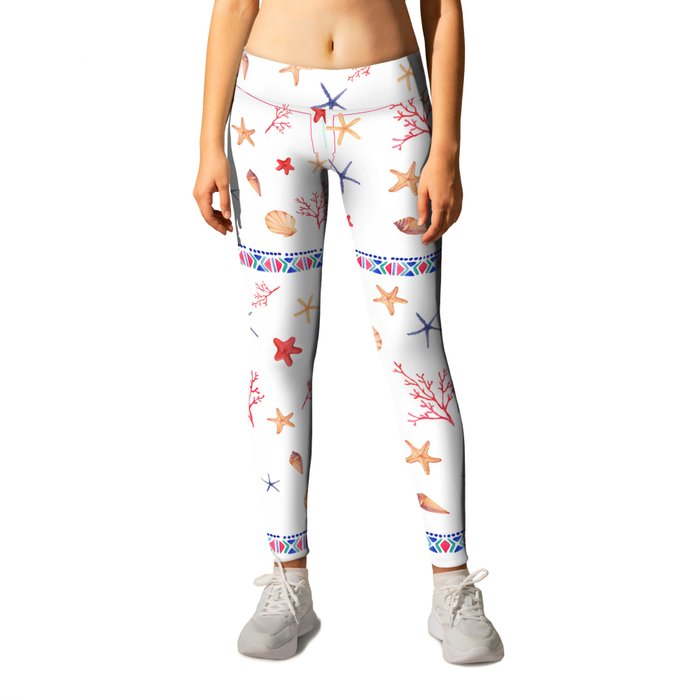 Blue red triangles coral pink seashells floral Leggings