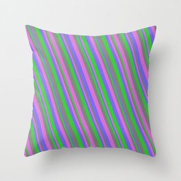 [ Thumbnail: Medium Slate Blue, Lime Green, Gray, and Orchid Colored Lined Pattern Throw Pillow ]