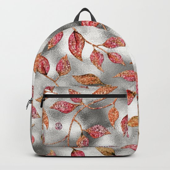 Autumworld- Sparkling pink glitter leaves on silver background #Society6 Backpack