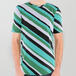 [ Thumbnail: Turquoise, Sea Green, Lavender & Black Colored Stripes Pattern All Over Graphic Tee ]