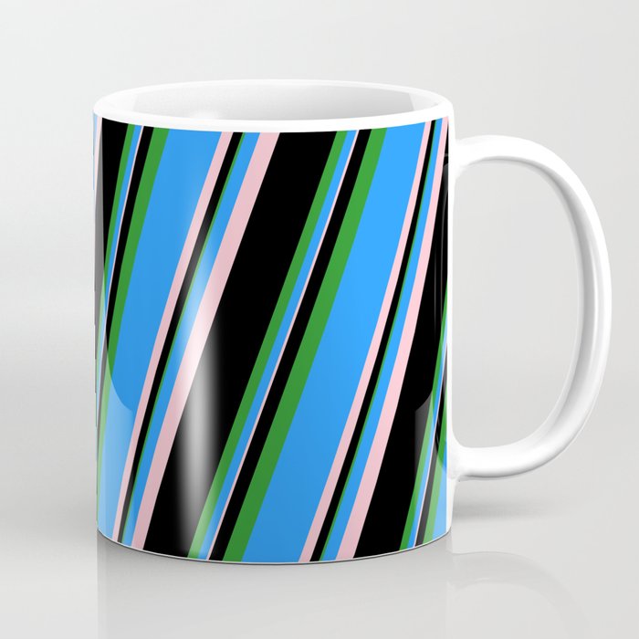 Blue, Pink, Black, and Forest Green Colored Striped Pattern Coffee Mug