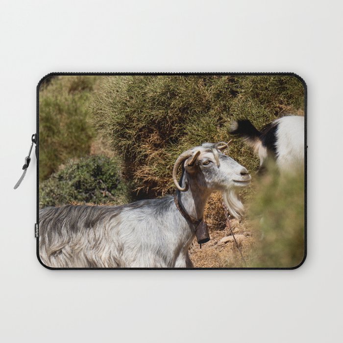 Greek Goat on the Hill | Green Animal Photograph | Cute & Fuzzy Mountain Goat | Travel Photography in Greece Laptop Sleeve
