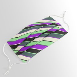 [ Thumbnail: Vibrant Light Green, Dark Slate Gray, Dark Violet, Beige, and Black Colored Lined/Striped Pattern Face Mask ]