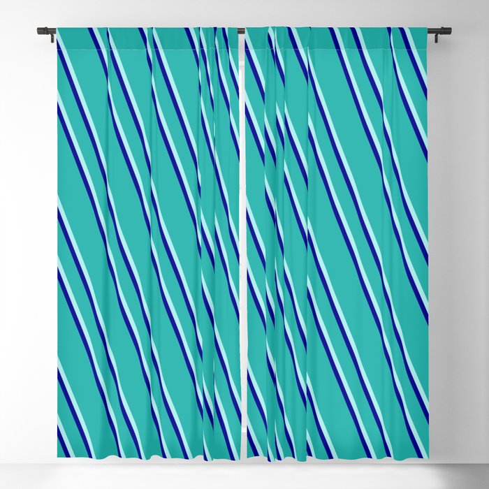 Light Sea Green, Turquoise, and Dark Blue Colored Stripes/Lines Pattern Blackout Curtain