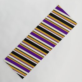 [ Thumbnail: Goldenrod, Indigo, Beige & Black Colored Pattern of Stripes Yoga Mat ]