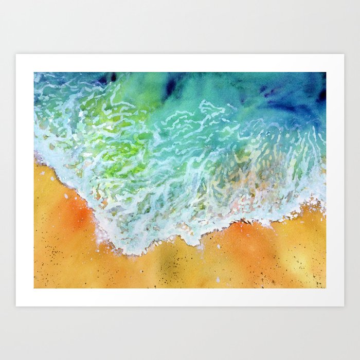 Wave, Beach, Sand, See, Sun, Seascape, Watercolor, Orange, Blue, Green, Yellow, White, Wall Décor, W Art Print By Olga367Art | Society6