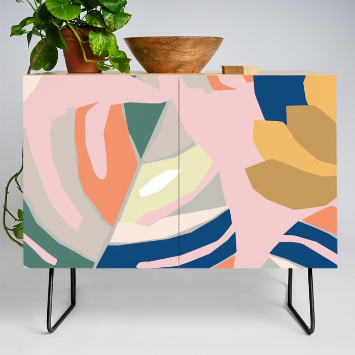 Monstera Leaf Jungle Mid Century Modern Paper Collage Credenza By