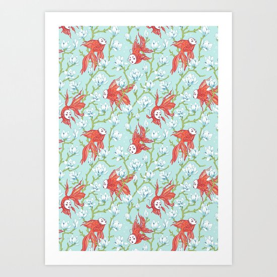 Goldfish, Mask and Magnolia Pattern Art Print