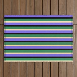 [ Thumbnail: Sea Green, Beige, Medium Slate Blue & Black Colored Lined Pattern Outdoor Rug ]