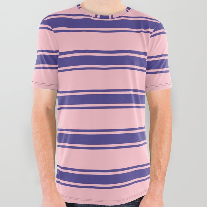 Pink and Dark Slate Blue Colored Pattern of Stripes All Over Graphic Tee