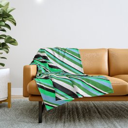 [ Thumbnail: Eyecatching Green, Light Sky Blue, Forest Green, White, and Black Colored Lines Pattern Throw Blanket ]