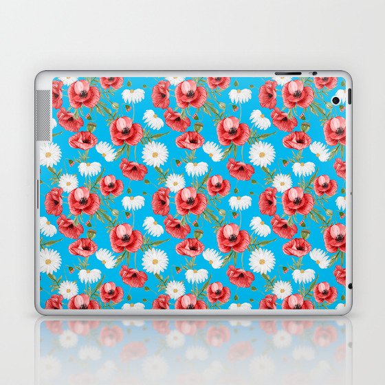 Daisy and Poppy Seamless Pattern on Turquoise Background Laptop & iPad Skin