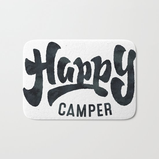 HAPPY CAMPER Black and White Retro Bath Mat