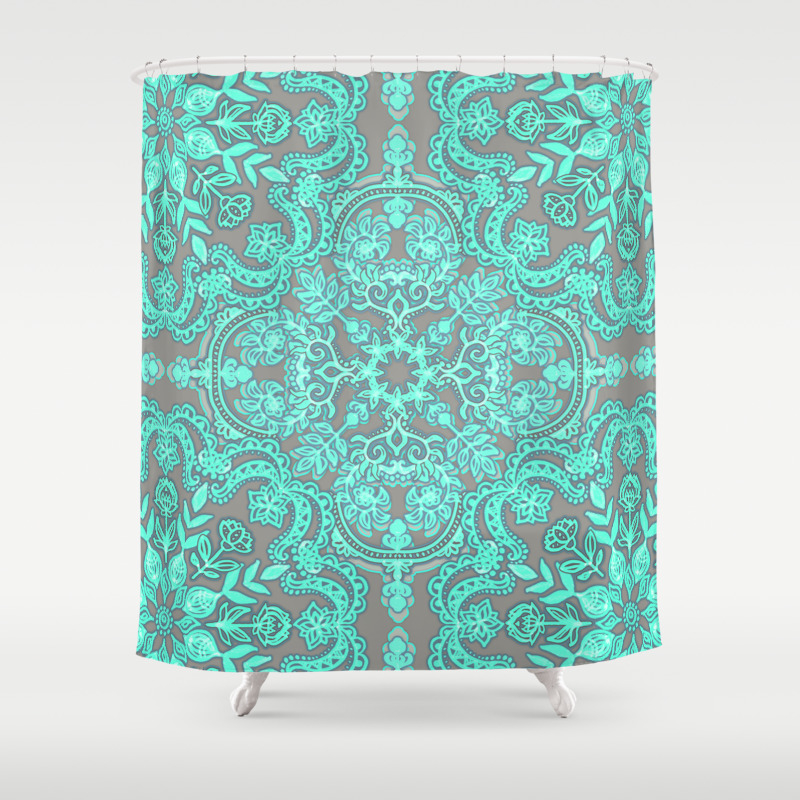 Mint Green Grey Folk Art Pattern Shower Curtain By Micklyn