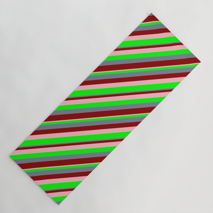 Slate Gray, Dark Red, Light Pink, and Lime Colored Stripes/Lines Pattern Yoga Mat