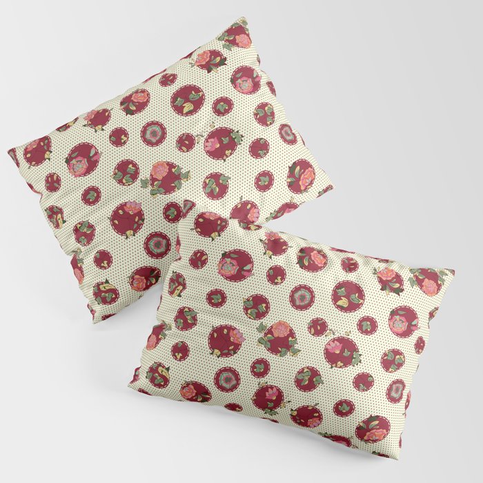 orange-pink-red flowers on dark red and cream  Pillow Sham