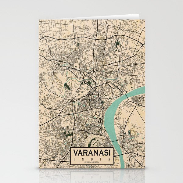 Varanasi City Map of Uttar Pradesh, India - Vintage Stationery Cards