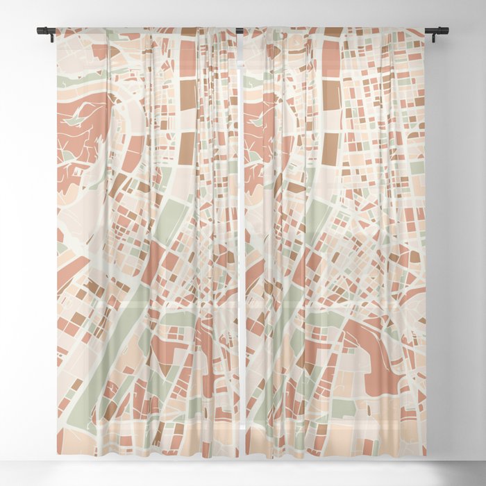 LYON FRANCE CITY MAP EARTH TONES Sheer Curtain