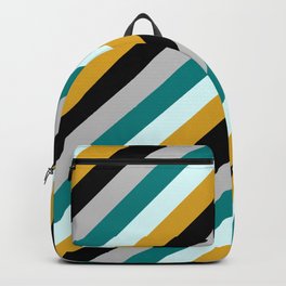 [ Thumbnail: Eyecatching Grey, Teal, Light Cyan, Goldenrod & Black Colored Lines Pattern Backpack ]