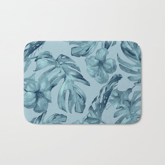 Hawaiian Teal Sea Island Leaves + Flowers Bath Mat