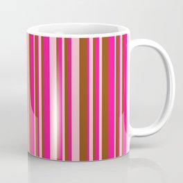 [ Thumbnail: Deep Pink, Brown & Pink Colored Striped Pattern Coffee Mug ]