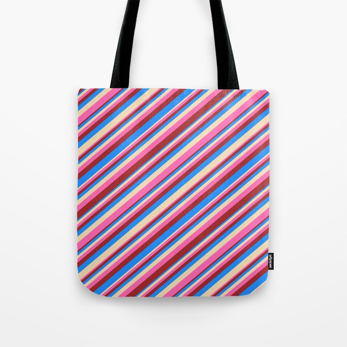 Tan, Hot Pink, Brown & Blue Colored Striped Pattern Tote Bag