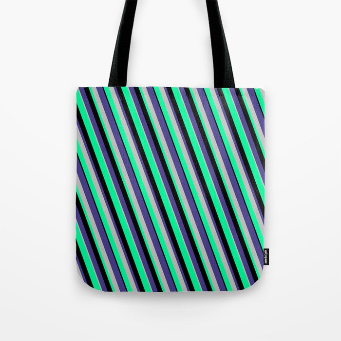 Dark Slate Blue, Grey, Green, and Black Colored Lines/Stripes Pattern Tote Bag
