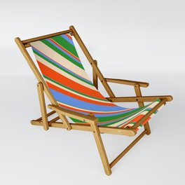 [ Thumbnail: Bisque, Red, Cornflower Blue & Forest Green Colored Stripes/Lines Pattern Sling Chair ]