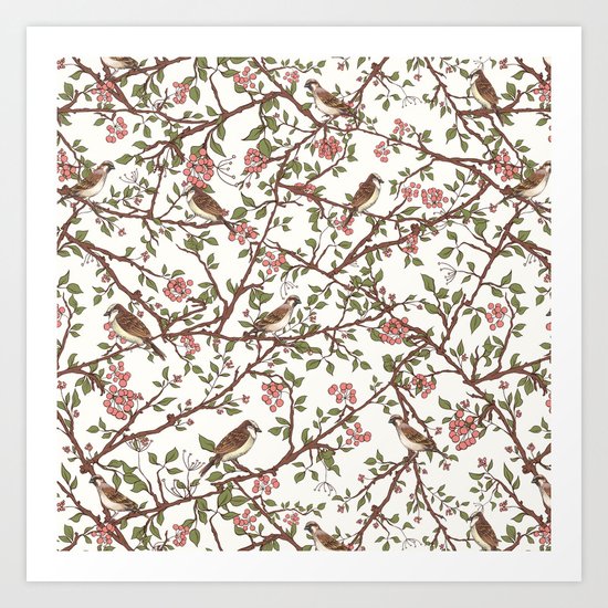 Sparrow Tree - Seamless Pattern Art Print